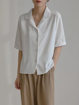 2023 Весенне-летний костюм с воротником-стойкой, рубашка с коротким рукавом, Женская Белая шифоновая рубашка, Женские офисные рубашки и блузки корейской моды