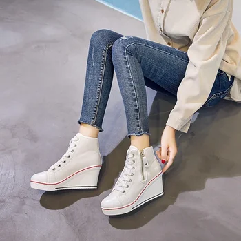 2023 Новая корейская версия женской парусиновой обуви большого размера с наклонным каблуком, увеличенной боковой молнией, Повседневная женская парусиновая обувь с высоким берцем