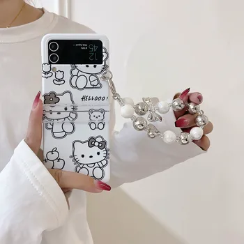 Kawaii Line Hello Kitty Sanrio Чехол для Телефона Samsung Galaxy Z Flip 3 4 5 ZFlip3 ZFlip4 ZFlip5 5G PC Подарок Для Девочки Твердая Задняя Крышка