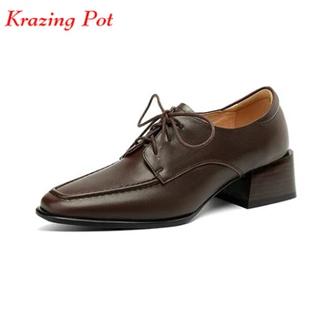 Krazing Pot, натуральная кожа, средний каблук, весенняя брендовая обувь, классический дизайн на шнуровке, Большой размер 43, женские туфли-лодочки с круглым носком и глубоким вырезом.