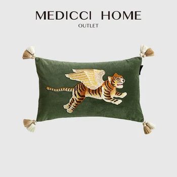 Medicci Home Outlet Чехол для поясничной подушки Высококачественный Тигр с крыльями, вышитый Чехлом для диванной подушки Coussins Темно-зеленый 30x50 см