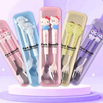 Sanrio Детская Посуда Hello Kitty Melody Kuromi Силиконовая Ручка Набор Посуды Из Двух частей Cinnamoroll Вилка Ложка Детские Подарки
