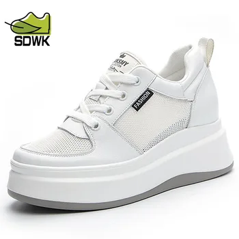 SDWK 7,5 см, Сетчатые кроссовки из натуральной кожи, женская обувь с лифтом, увеличивающая рост, Стелька, Белая обувь для женщин, досуг, Спорт