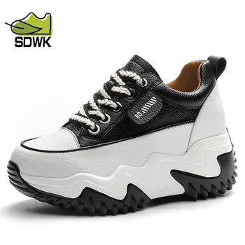 SDWK/ Женские кроссовки на платформе 7 см, натуральная кожа, однотонные кроссовки на шнуровке, круглый носок, Женская обувь на толстой подошве ручной работы, AD4729