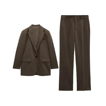 Zach AiIsa/ высококачественный осенний новый свободный пиджак с лацканами и длинными рукавами + простые повседневные брюки с драпировкой в нейтральном стиле с высокой талией