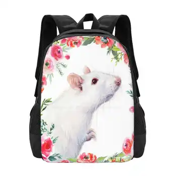 Белая крыса и красные цветы, акварельный цветочный животный модный узор, Дорожный ноутбук, школьный рюкзак, сумка с белой крысой и цветочным рисунком