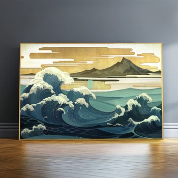 Винтажные японские постеры с пейзажами, волна, Канагава, живопись на холсте, настенные панно для гостиной, Восточный Домашний декор
