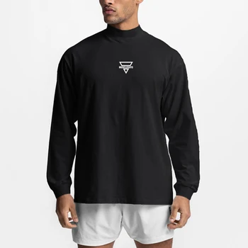 Высококачественная свободная спортивная рубашка для бега Мужская одежда для фитнеса с длинным рукавом оверсайз Мужская хлопчатобумажная рубашка с высоким воротом