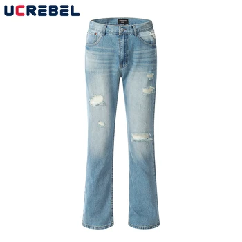 Выстиранные синие Расклешенные брюки с рваными дырами Мужская Уличная Одежда Потертые Джинсовые брюки Мужские Брюки