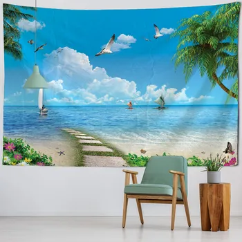Гобелен с океанским пейзажем и чайкой в богемном стиле для украшения стен проектной комнаты  