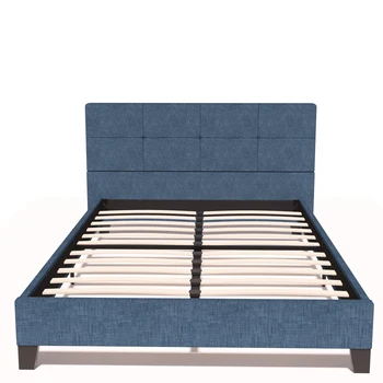 Двухцветная кровать-платформа с льняной обивкой, металлический каркас с изголовьем из ткани с квадратной строчкой, деревянные рейки, матрас найден
