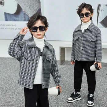 Детская весенне-осенняя куртка, зимнее плотное клетчатое пальто для мальчиков, Однобортная красивая верхняя одежда в корейском стиле, Модная детская одежда