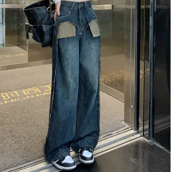 Джинсовые брюки в стиле пэчворк с высокой талией, модные женские мешковатые джинсовые брюки Y2K с широкими штанинами, женская одежда в уличном стиле