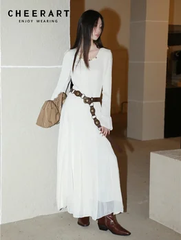 Дизайнерские белые платья Макси с длинным рукавом для женщин 2023 Расклешенные рукава Трапециевидное французское винтажное платье Осенняя одежда