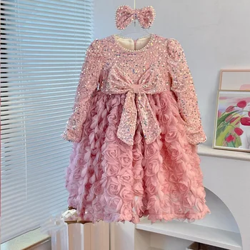 Для девочек, новое зимнее модное платье принцессы с блестками для маленьких девочек на флисовой подкладке