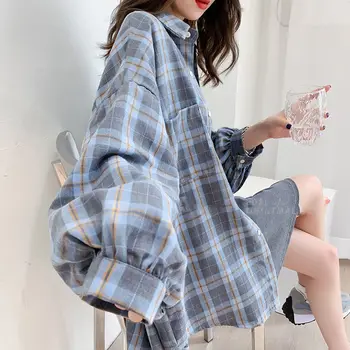 Женская клетчатая рубашка QWEEK, Корейская мода, блузки оверсайз, топ с длинным рукавом в стиле харадзюку, Шикарная Женская Новая винтажная одежда, весна 2023 г.