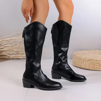 Женская обувь 2023 г., Высококачественные Женские ботинки На молнии, Зимние Однотонные ботинки с круглым носком и Квадратным Корнем На Высоком Каблуке, Zapatillas De Mujer