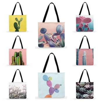 Женская повседневная сумка-тоут с рисунком розового кактуса, женская сумка через плечо, складная сумка для покупок, уличные пляжные сумки, женская сумка