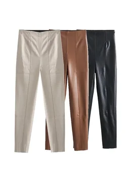 Женские брюки из искусственной кожи HH TRAF 2024, брюки с высокой талией и прямыми штанинами, модная женская уличная одежда, Стильные эластичные брюки-карандаш