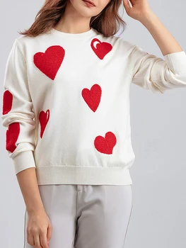 Женский свитер с принтом в виде сердца, Пуловеры на День Святого Валентина, Вязаная блузка с длинным рукавом и круглым вырезом, повседневная Свободная толстовка