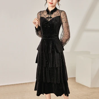 Женское черное платье в китайском стиле, осеннее платье с длинным рукавом, винтажные бархатные элегантные платья в сеточку в стиле пэчворк Для женщин, длинное платье в горошек