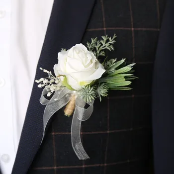 Искусственные цветы из белой Розы Мужской костюм Бутоньерки Свадебные Аксессуары для жениха Жених Свадьба