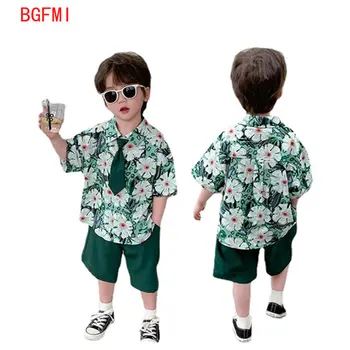 Комплект топа и низа для мальчиков 2-9 лет, летняя Зеленая рубашка с коротким рукавом в цветочек + шорты + костюм с галстуком, детская одежда, мужская одежда для малышей