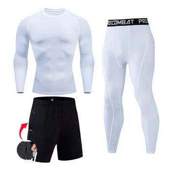 Компрессионная спортивная одежда для мужчин для бега Полный комплект из 3 предметов Белая одежда для фитнеса Рашгарда ММА Защита от солнца Вторая кожа Комплект для мужчин 4XL