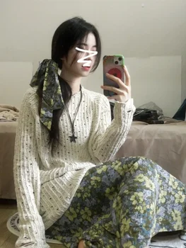Корейские новые Свободные Длинные открытые свитера, Осенне-Зимние Трикотажные джемперы в стиле гранж, Y2k, Эстетические Повседневные модные Женские шикарные пуловеры