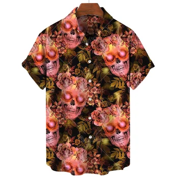 Летняя мужская гавайская рубашка с 3D рисунком черепа 5xl, пляжная рубашка с коротким рукавом и пуговицами, повседневная мужская рубашка с черепом Оверсайз Camisa