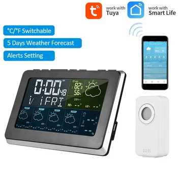 Метеостанция Tuya WiFi Беспроводное управление приложением Датчик температуры и влажности Большой ЖК-дисплей Внутренний и наружный термометр Измеритель влажности