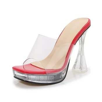 Модельная прогулочная обувь на толстом каблуке, пикантные прозрачные женские босоножки для подиума 12 см, женские туфли из ПВХ с украшением в виде кристаллов, туфли с рыбьим ртом, большой размер 43