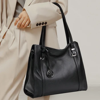 Модная сумка из натуральной Кожи Большой емкости через плечо Женская сумка handag Сумки из воловьей кожи высокого качества черная сумка