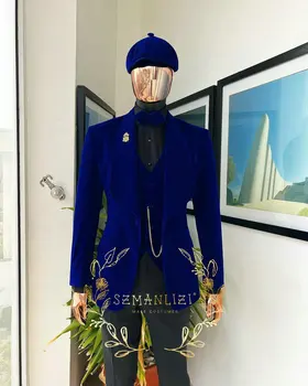 Мужские костюмы из королевского синего бархата для свадьбы, приталенные, сшитые на заказ, смокинг для жениха, куртка, жилет, брюки из 3 предметов, мужской модный костюм 2023 года