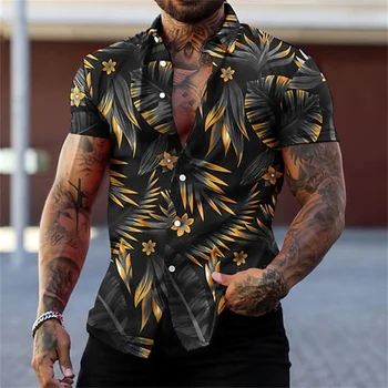 Мужские черно-золотые рубашки с цветами, летняя рубашка с отворотом с растительным принтом, пляжная рубашка в гавайском стиле, мужская рубашка на пуговицах с короткими рукавами