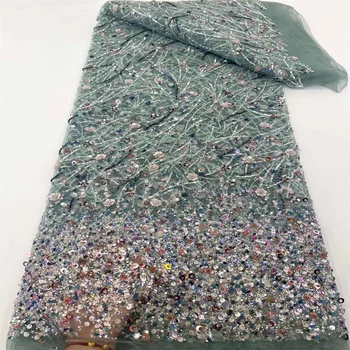 Нигерийская кружевная ткань с блестками и бисером 2023 Высококачественная Африканская тюлевая ткань с вышивкой для шитья свадебных платьев, Сетчатое кружево XC3257