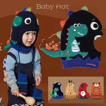 Новая Зимняя Милая Детская шарф-шапка с динозавром и Оленем из мультфильма, теплая шапка с двойным флисом для мальчиков и девочек, Осенняя Ветрозащитная вязаная шапка, Рождественская