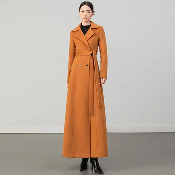 Новое женское осенне-зимнее шерстяное пальто, простой модный костюм, двубортное тонкое пальто из смесовой шерсти, Элегантное длинное пальто