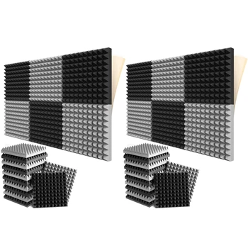 Новые 24 упаковки самоклеящихся звукоизоляционных пенопластовых панелей, акустическая пена пирамидального дизайна 2X12X12 дюймов, для домашней студии, черный + серый