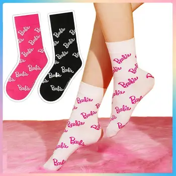 Новые очаровательные носки Barbie, Комфортные Розовые носки, тренды, Черные чулки, Белые носки с полной печатью, носки средней длины, подарки для девочек на хлопчатобумажном фестивале