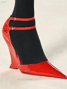 Новые поступления 2024 года; Красные кожаные туфли-лодочки; Пикантные туфли на танкетке с острым носком и ремешком с пряжкой на щиколотке; Женская обувь высокого уровня для подиума;