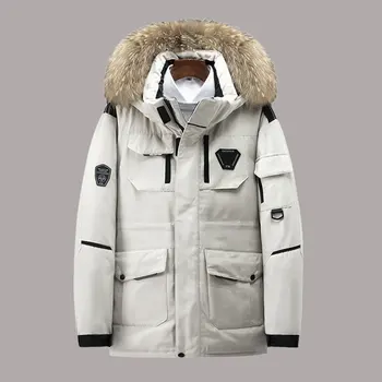 Осенне-зимняя куртка на белом утином пуху для мужчин, ветровка, толстая теплая снежная парка, пальто, ветровка, меховой пуховик с капюшоном,