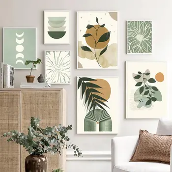 Плакаты в стиле бохо, листья, Солнце, Луна, геометрическая абстракция, галерея, холст, живопись и принты, картины для домашнего декора в гостиной