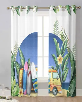 Пляжный автобус Тропические листья Летние Прозрачные занавески на окнах Спальня Гостиная Тюлевые занавески Вуалевые шторы для кухни