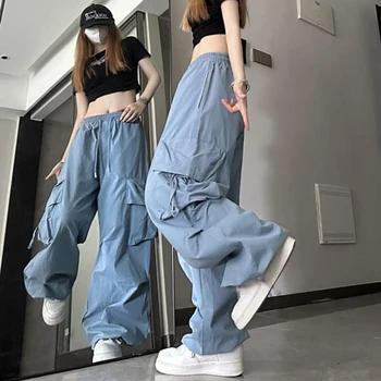 Повседневные брюки Корейского свободного кроя с высокой талией, однотонные брюки в стиле хип-хоп Y2K, брюки-карго, женская уличная одежда Harajuku с большими карманами
