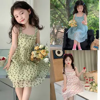 Повседневные платья для девочек, шифоновое кружевное платье-комбинация с цветочным принтом, детская одежда, платье для девочек от 3 до 7 лет, одежда для маленьких девочек