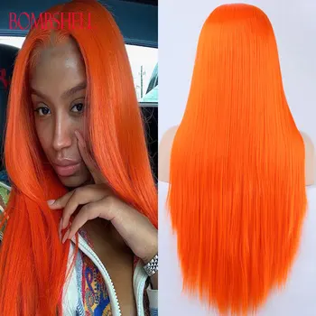 Потрясающие Имбирно-Оранжевые Прямые синтетические парики на кружеве без клея, предварительно Выщипанные из натурального волосяного покрова, Термостойкое волокно для женщин