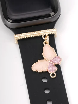 Ремешок для часов с розовыми блестками и бабочкой, декоративное кольцо для Apple Watch, силиконовый ремешок, декоративные ювелирные аксессуары