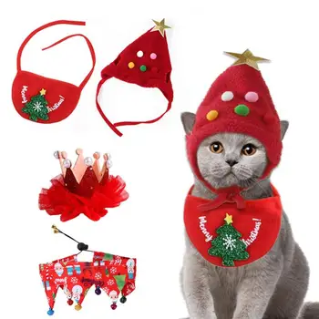 Рождественский костюм кошки, костюм кошки, одежда для домашних животных, наряды для собак, 4 ПРЕДМЕТА, Забавный милый костюм, Рождественские шляпы и заколки для волос для щенка