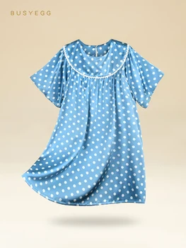 Свежая ночная рубашка для девочек с принтом в синий горошек, Детская пижама из натурального шелка, детское летнее платье-пижама из натурального шелка